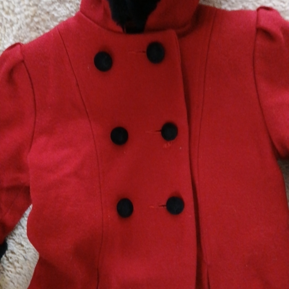 Stephanie Matthew's Hooded  Girl's Red Wool Double Breasted Coat Size 2T - Picture 2 of 7